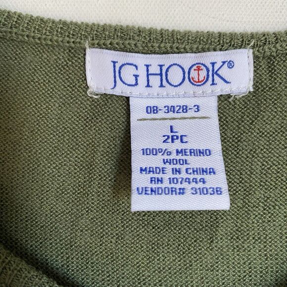 Vintage JG Hook Merino Wool Cardigan Women L Olive Green Full Zip Retro Cottage - Picture 3 of 8